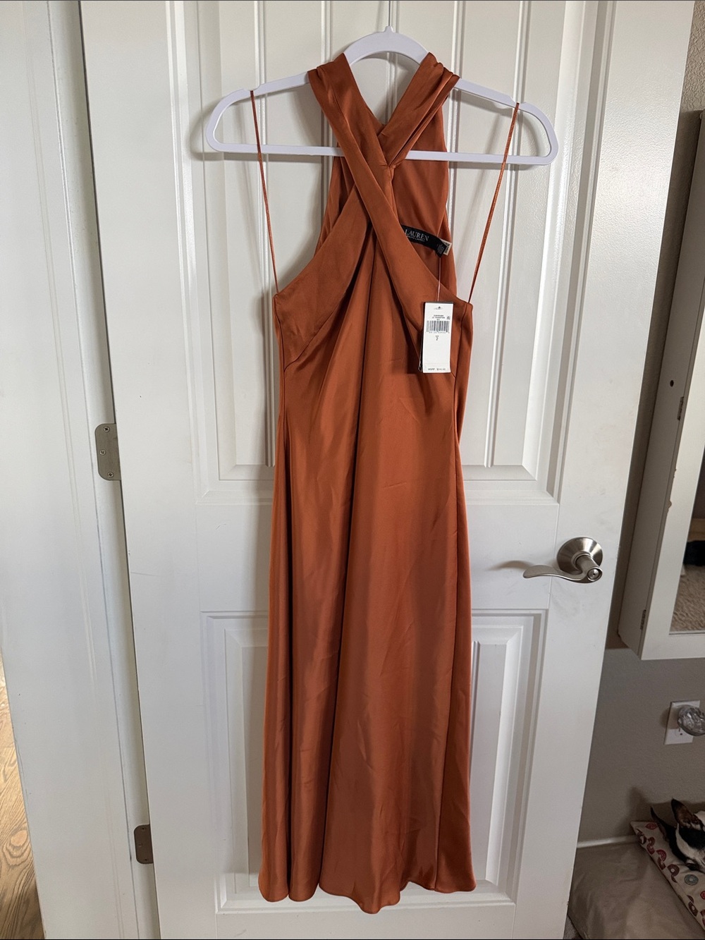 Ralph Lauren Rust One-Shoulder Satin Gown with Cross-Back